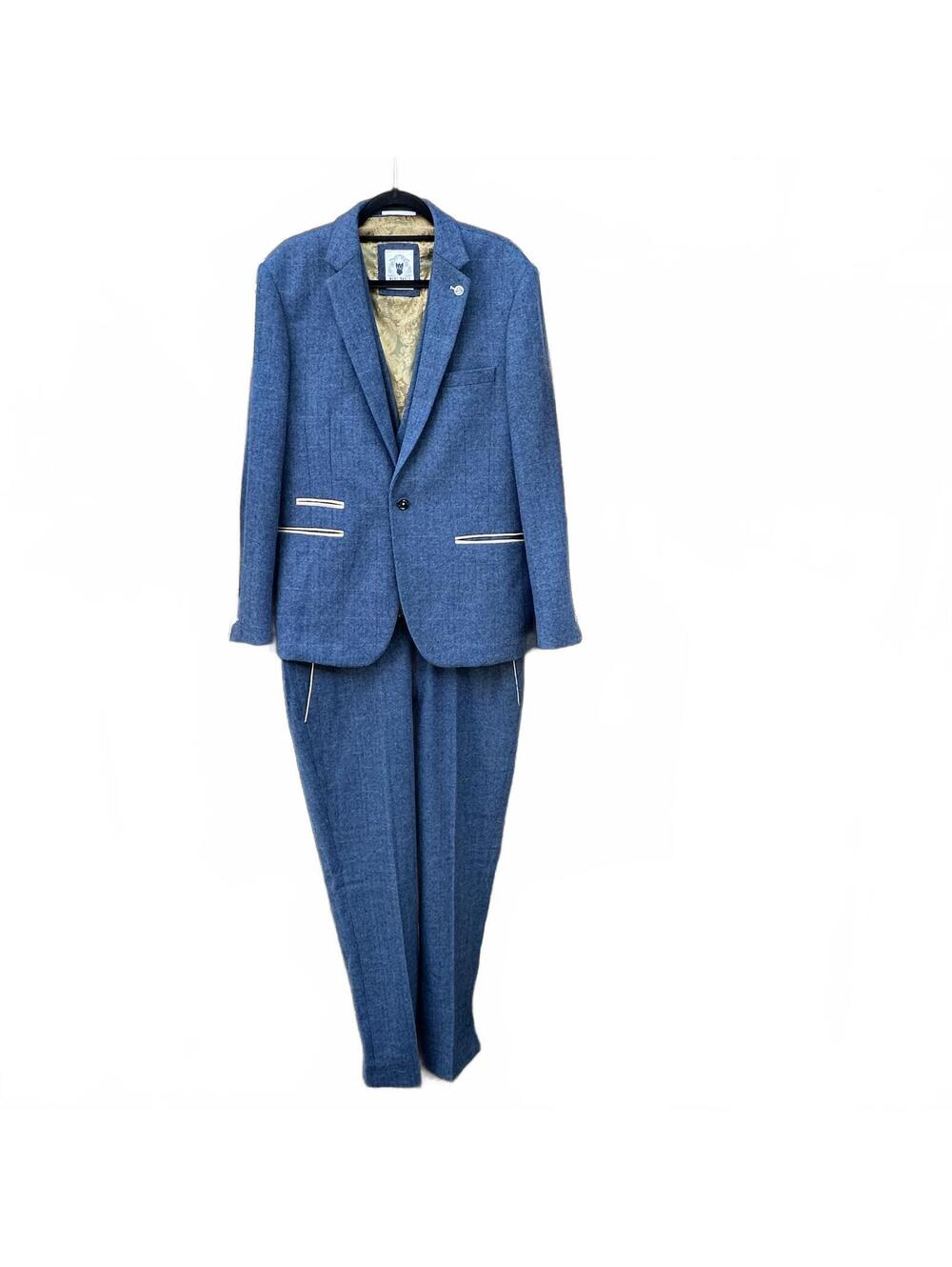 Marc Darcy Dion Blue Herringbone Check Slim Fit Suit